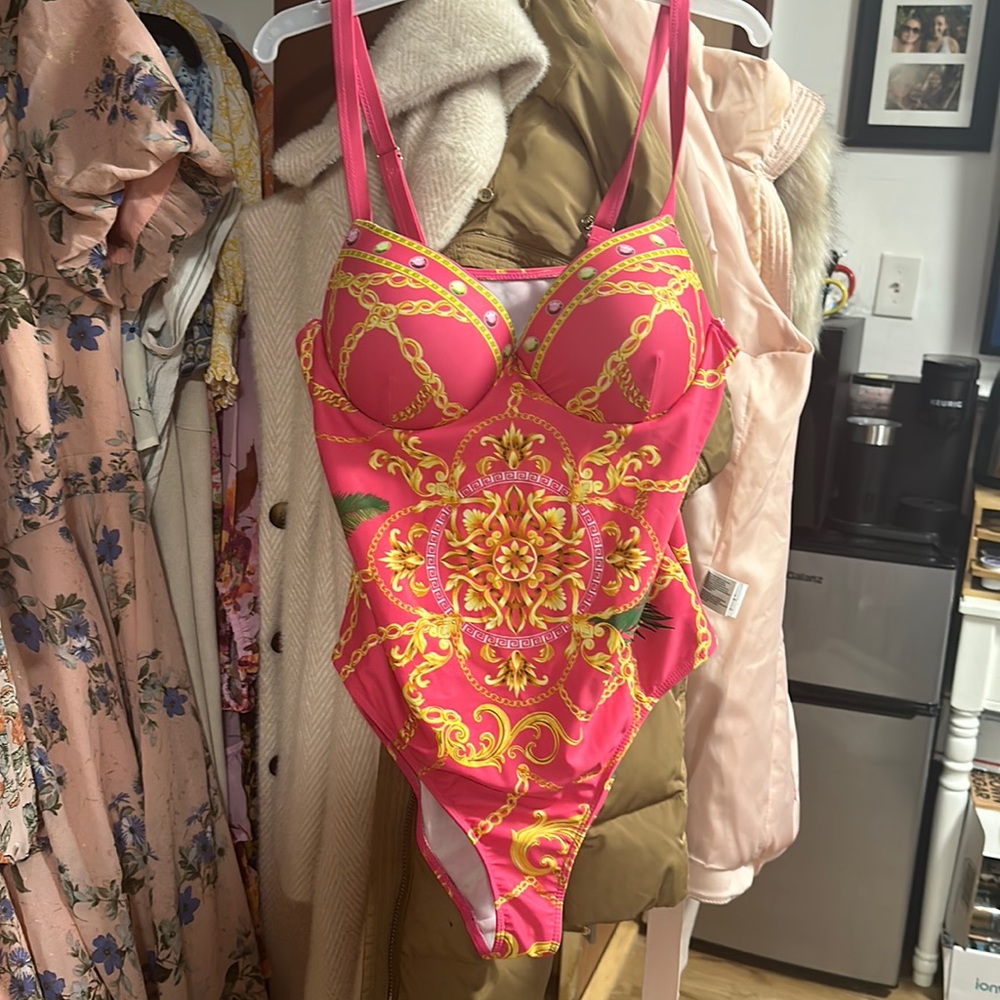 Hot pink, one piece, bathing suit, worn once size L